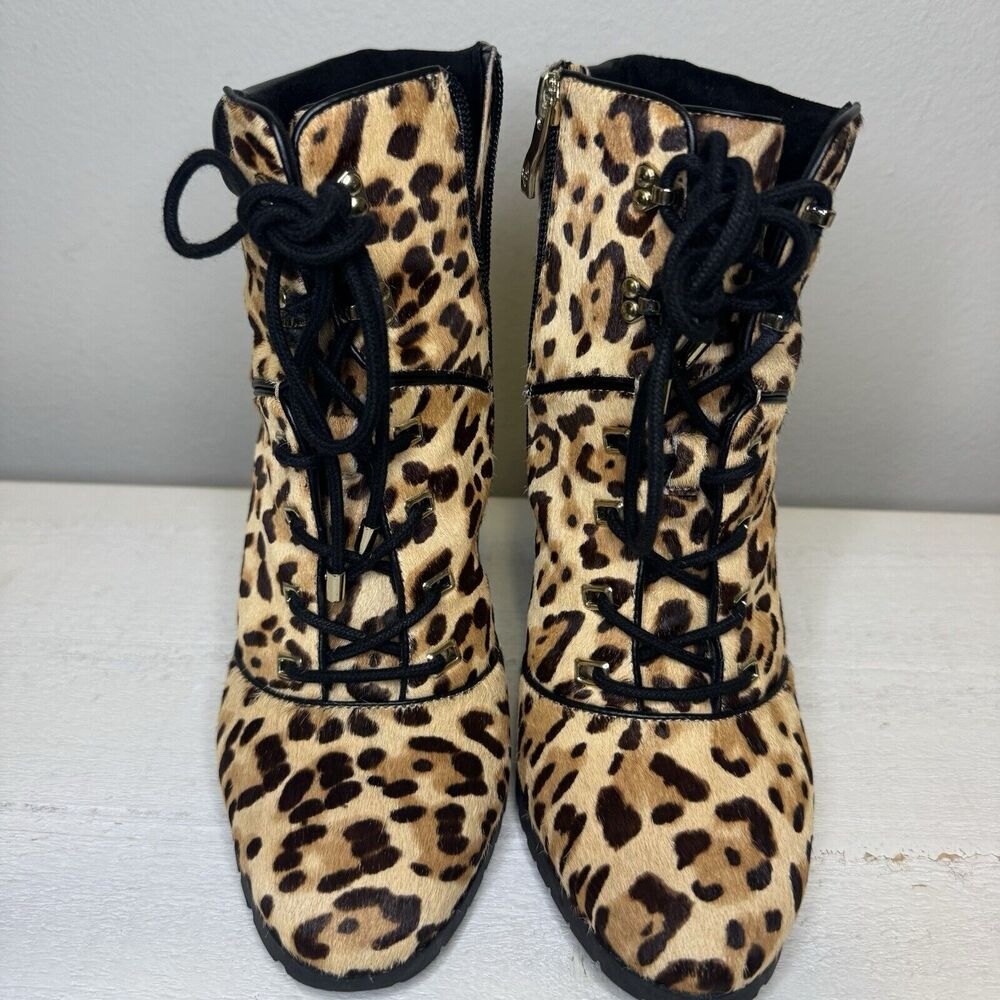 Antonio Melani Gorgg Leopard Print Calf Hair Booties Women’s 7.5 Lace Up Boots - Picture 3 of 9